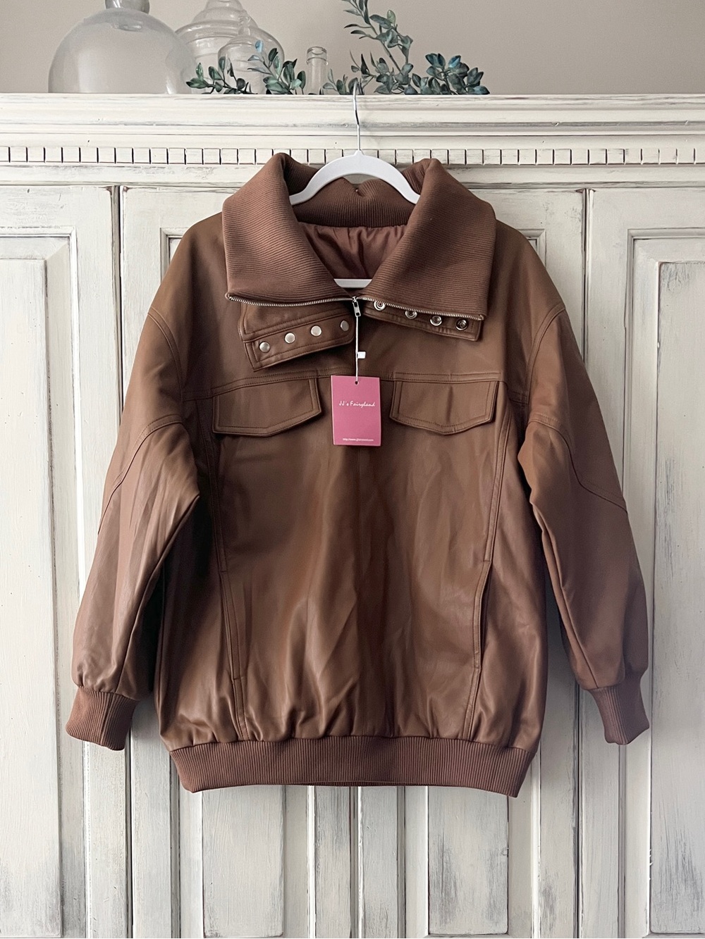 🟠NWT JJs FAIRYLAND Faux Leather 1/4 Zip Jacket in Light Brown - see measurements